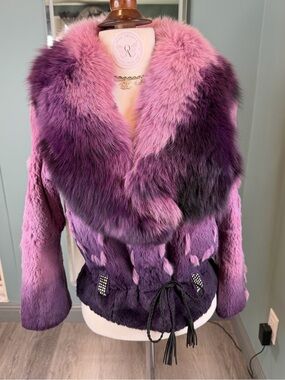 Vintage Purple Rabbit Fur Jacket Oversized Fox Fur Collar Y2K XS/S
